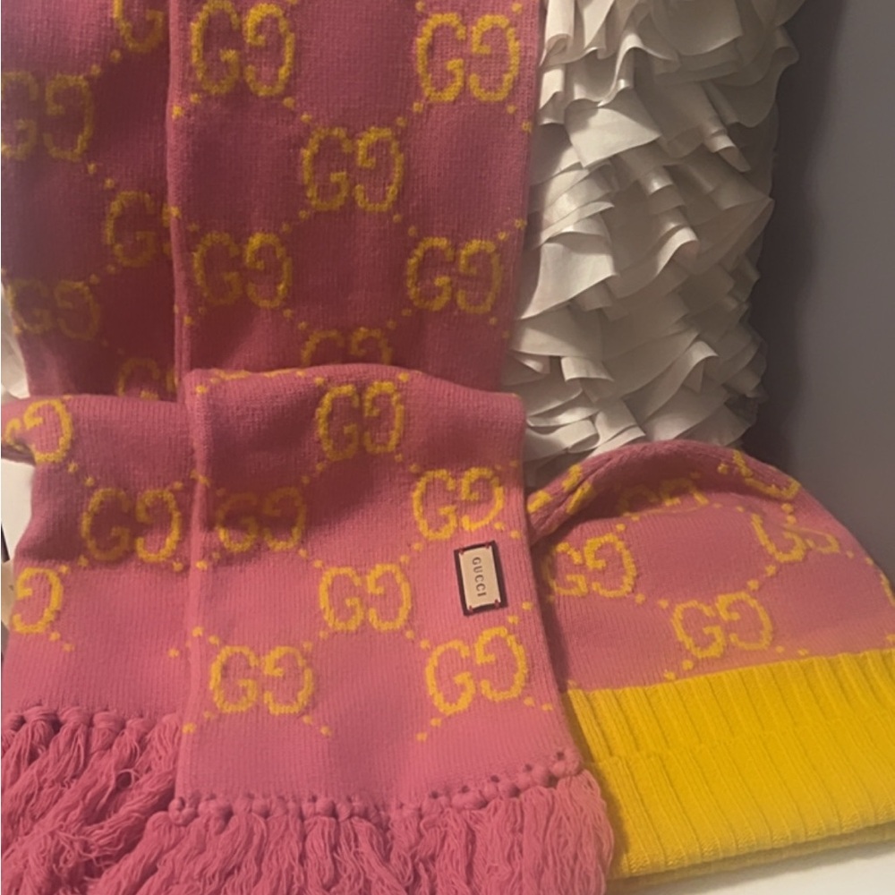 Gucci Pink and Yellow Logo Scarf and Beanie
